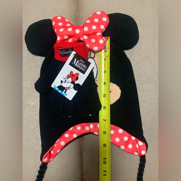 Disney Minnie Mouse Girls 2 Piece Black Knit Bowed Beanie Hat & Gloves NEW OSFM - Picture 9 of 10